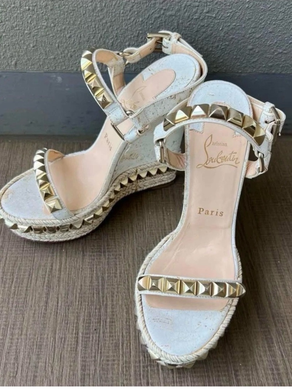 Christian Louboutin White Wedge Sandals with Gold Studs
